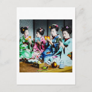 Handkolorierte Vintage-Geisha-Versammlung Postkarte