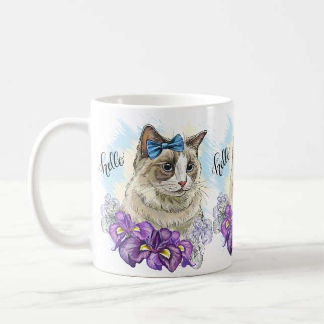 Handkopie zeichnend Niedliche Katze mit Blume Kaffeetasse (Links)