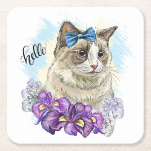 Handkopie zeichnend Niedliche Katze mit Blume Rechteckiger Pappuntersetzer