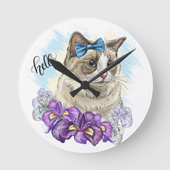 Handkopie zeichnend Niedliche Katze mit Blume Runde Wanduhr (Vorderseite)