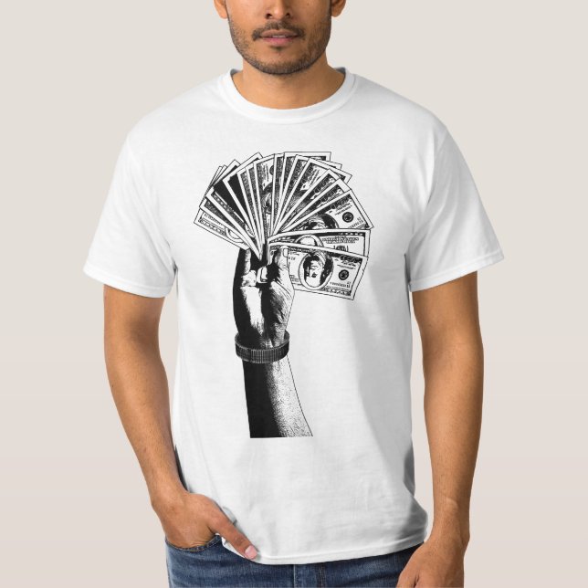 Handle Holding 100 Dollar Scheine Geld Kunst T-Shirt (Vorderseite)