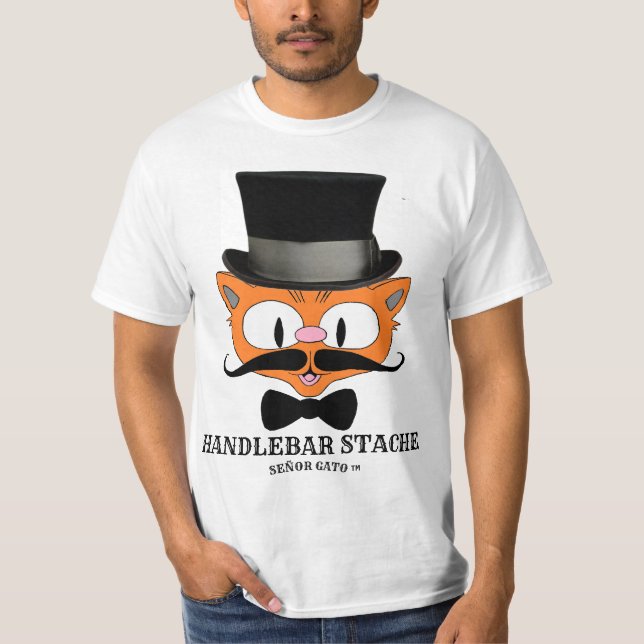 HANDLEBAR STACHE Humoraler Cartoon Mustache Katze T-Shirt (Vorderseite)