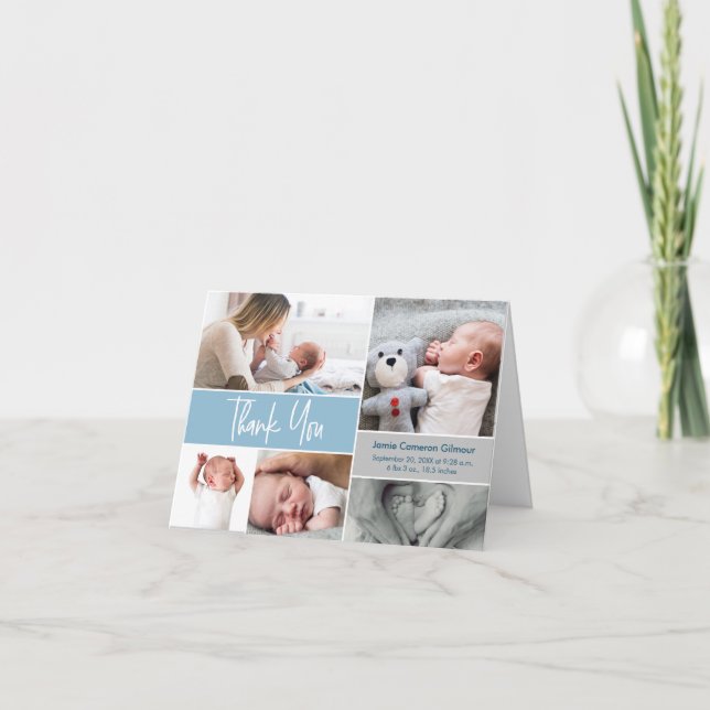 Handletting Baby Fotos Blue Birth Announcement Dankeskarte (Vorderseite)