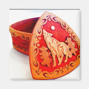 Handmade Birch Wood Jewelbox mit Howling Wolf Magnet