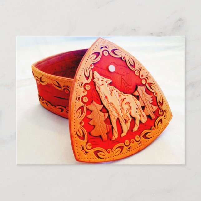 Handmade Birch Wood Jewelbox mit Howling Wolf Postkarte (Vorderseite)