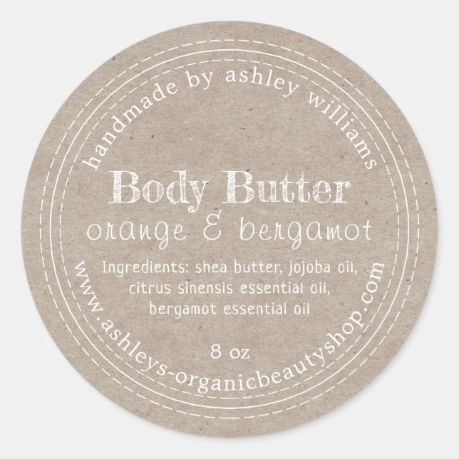 Handmade Body Butter Bio Business Kraft Label Runder Aufkleber (Vorderseite)