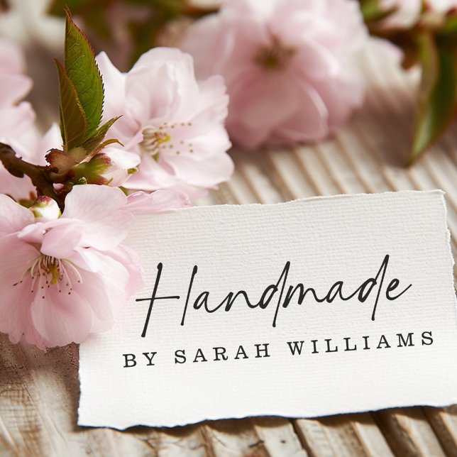 Handmade by individuelle Name Moderne handgeschrie Gummistempel (Handmade by custom name modern handwritten script rubber stamp)