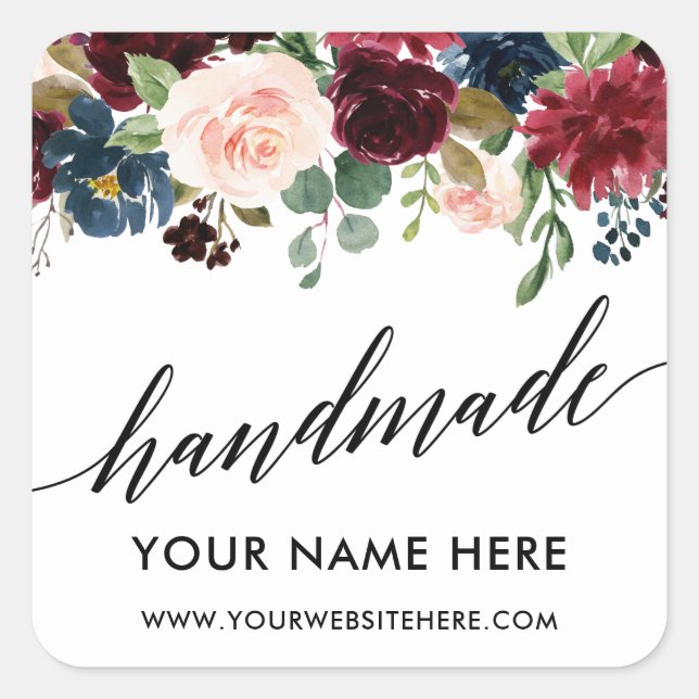 Handmade Calligraphy Burgundy Blue Floral Small Quadratischer Aufkleber (Vorderseite)