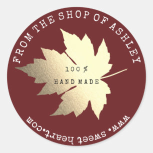 Handmade Logo Name Maple Leaf Web Burgundy Gold Runder Aufkleber