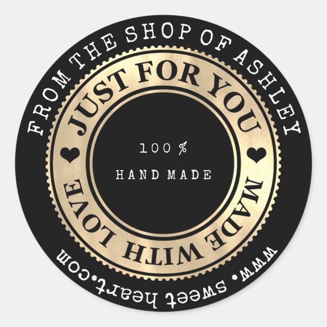 Handmade Logo Name Web Heart Liebe Black Gold Runder Aufkleber (Vorderseite)