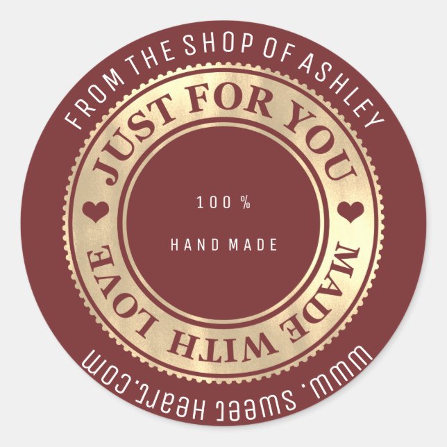 Handmade Logo Name Web Heart Liebe Maroon Gold1 Runder Aufkleber (Vorderseite)