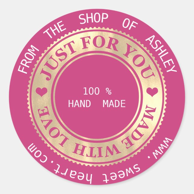 Handmade Logo Name Web Hearts Liebe Pink Gold Runder Aufkleber (Vorderseite)