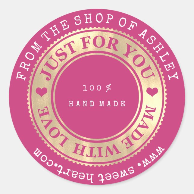 Handmade Logo Name Web Heft Liebe Pink Gold Runder Aufkleber (Vorderseite)