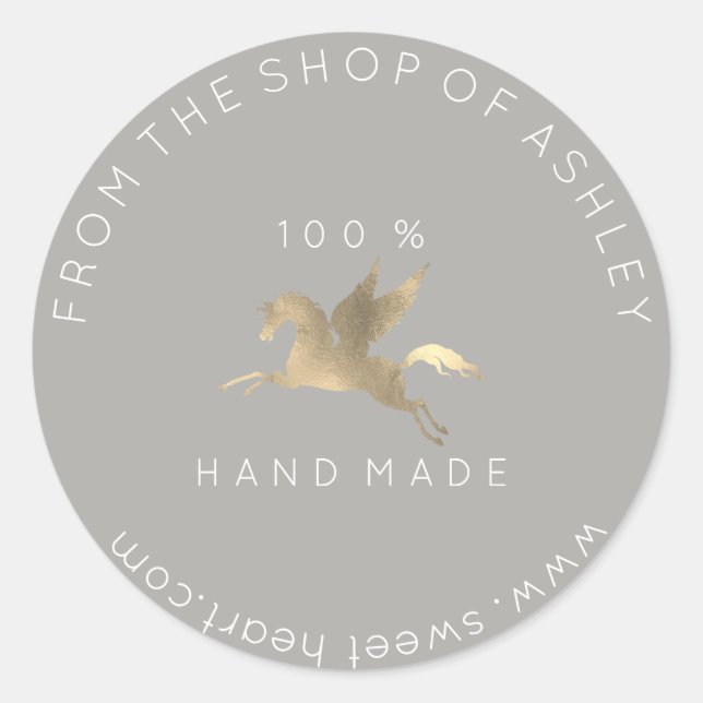Handmade Logo Name Web Pegasus Horse Grau Gold Runder Aufkleber (Vorderseite)