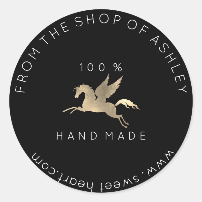 Handmade Logo Name Web Pegasus Pferd Black Gold Runder Aufkleber (Vorderseite)