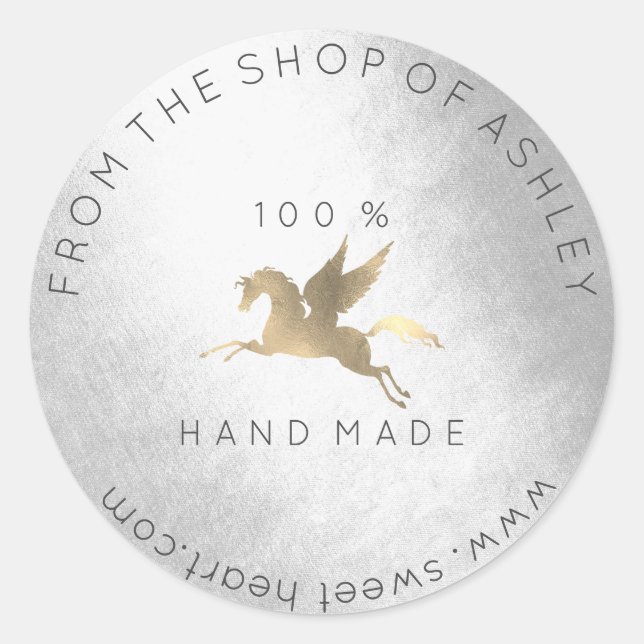 Handmade Logo Name Web Pegasus Pferd Silver Gold Runder Aufkleber (Vorderseite)