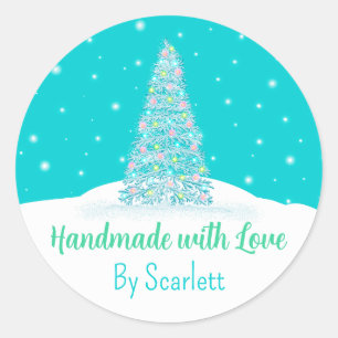 Handmade mit Liebe Aquamarine Aqua Weihnachtsbaum Runder Aufkleber