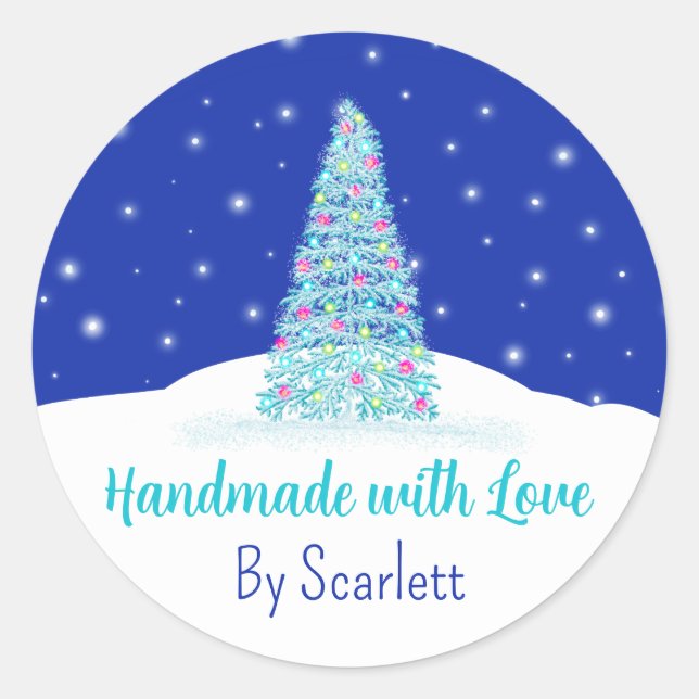 Handmade mit Liebe Blue Christmas Tree Runder Aufkleber (Vorderseite)