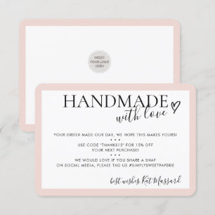 HANDMADE MIT LIEBE einfügen Modernes, blass rosa Dankeskarte