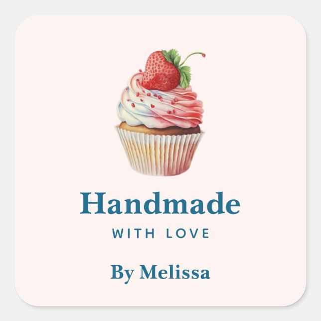 Handmade mit Liebe Erdbeere Cupcake Dessert Quadratischer Aufkleber (Vorderseite)