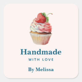 Handmade mit Liebe Erdbeere Cupcake Dessert Quadratischer Aufkleber