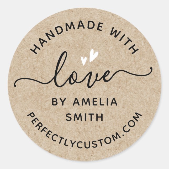 Handmade mit Liebe Namen URL Kraft Look Runder Aufkleber (Vorderseite)