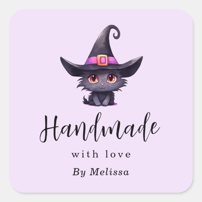 Handmade mit Liebe Niedlich Black Cat in einem Hex Quadratischer Aufkleber (Vorderseite)
