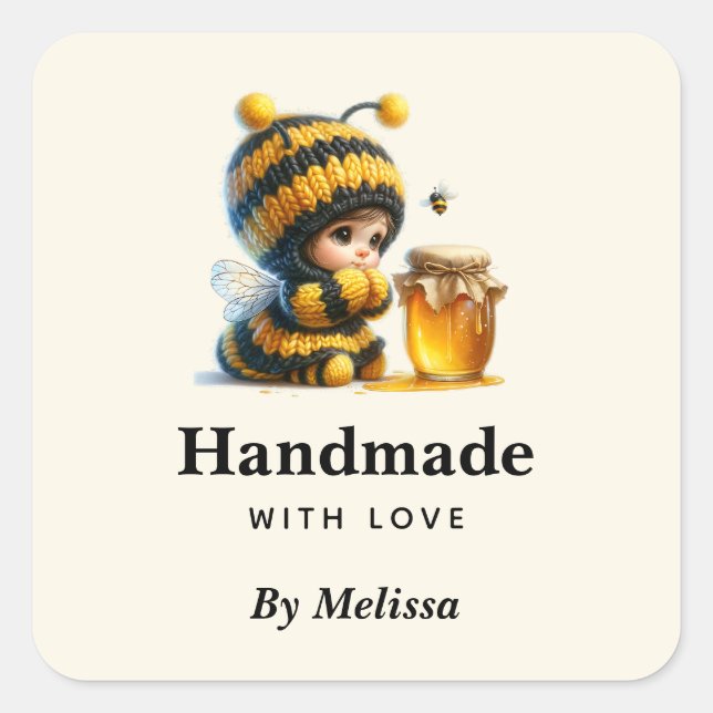 Handmade mit Liebe Niedlich Girl in Bee Costume Quadratischer Aufkleber (Vorderseite)