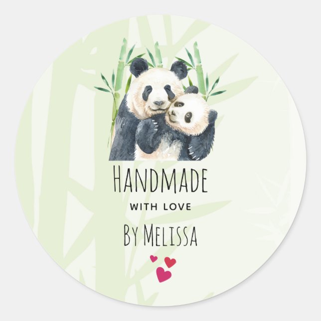 Handmade mit Liebe Niedlich Panda Bears Cuddling Runder Aufkleber (Vorderseite)