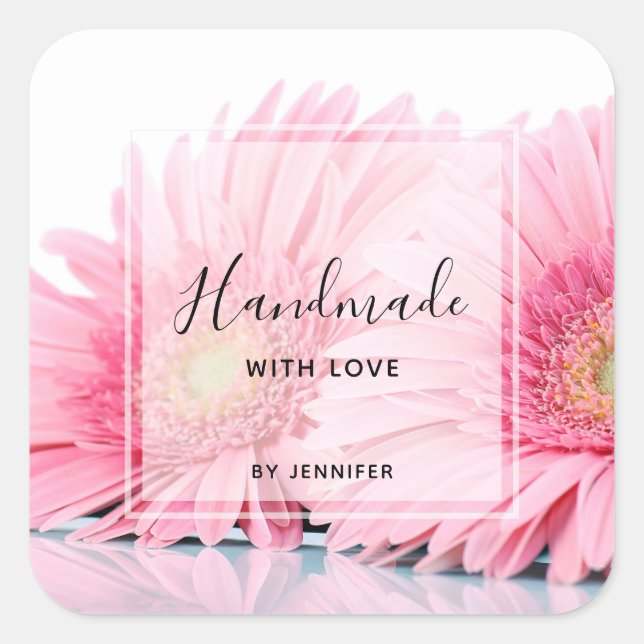 Handmade mit Liebe Pink Gerbera Daisies Quadratischer Aufkleber (Vorderseite)