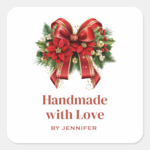 Handmade mit Liebe Red and Gold Christmas Bow Quadratischer Aufkleber