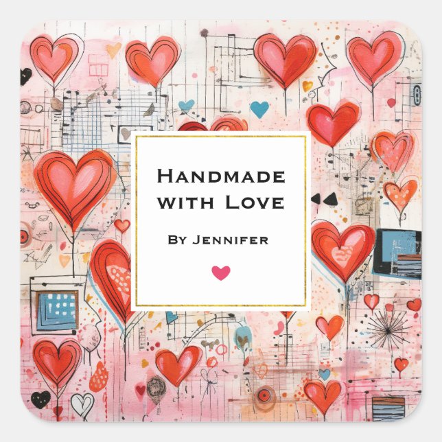 Handmade mit Liebe Red Hearts Fun Liebe Muster Quadratischer Aufkleber (Vorderseite)