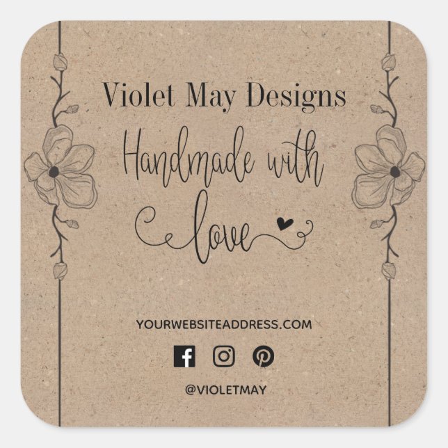 Handmade mit Liebe Social Media Rustikale Kraft Quadratischer Aufkleber (Vorderseite)