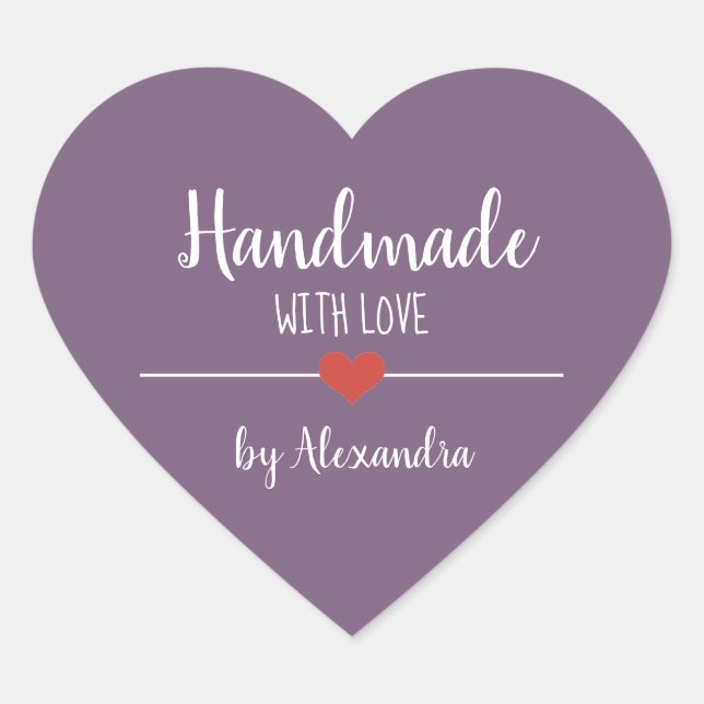 Handmade mit lila Liebe-Skript Herz-Aufkleber (Vorderseite)