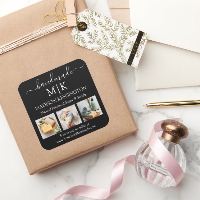 Handmade Monogram oder Add-Logo-Business 3-Foto Quadratischer Aufkleber (Schenken)