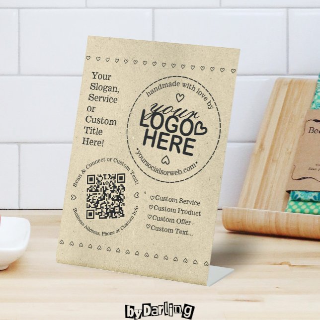 Handmade with Liebe Custom Logo QR Code Rustikal Sockelschild (Rustic Pedestal Sign Handmade with Love Design Custom Logo QR Code & Text)