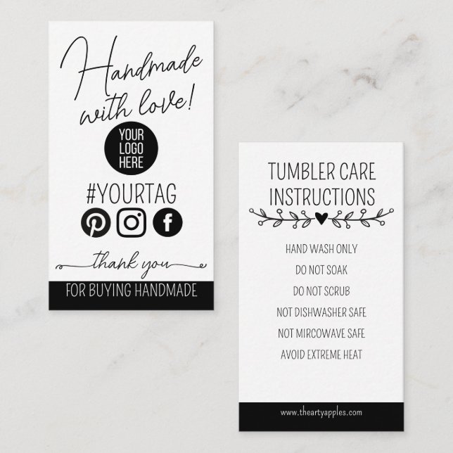 Handmade With Love Care Instructions Card Visitenkarte (Vorne/Hinten)