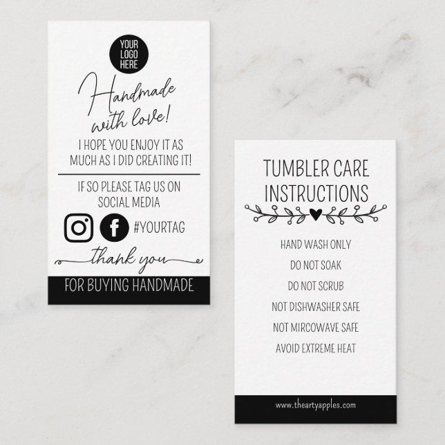 Handmade With Love Care Instructions Card Visitenkarte (Vorne/Hinten)