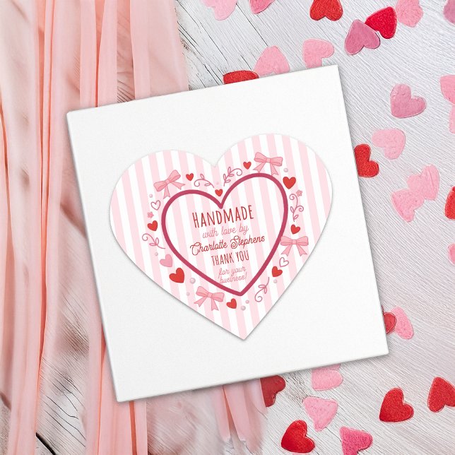 Handmade With Love Coquette Heart Thank You  Herz-Aufkleber (Handmade With Love Coquette Heart Thank You Business Heart-Shaped Sticker)
