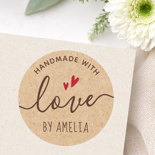 Handmade with love custom name Kraft paper look Runder Aufkleber