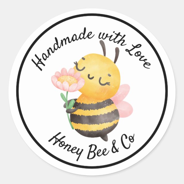 Handmade with Love. Cute Bee Personalized Runder Aufkleber (Vorderseite)