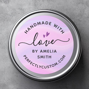 Handmade with love heart name URL pink purple Runder Aufkleber