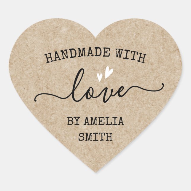 Handmade with love hearts custom name Kraft look Herz-Aufkleber (Vorderseite)