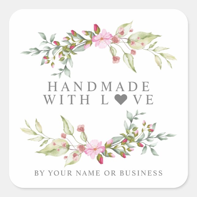 Handmade with Love on Romantic Floral Garland Quadratischer Aufkleber (Vorderseite)