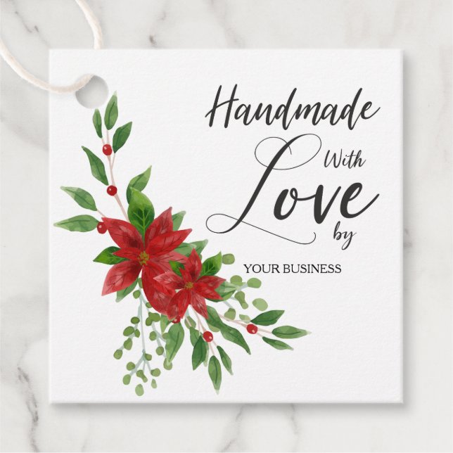 Handmade with Love Quote with Poinsettias Geschenkanhänger (Vorderseite)