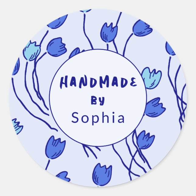 Handmade With Love Sketchy Floral | Blue Delft Runder Aufkleber (Vorderseite)