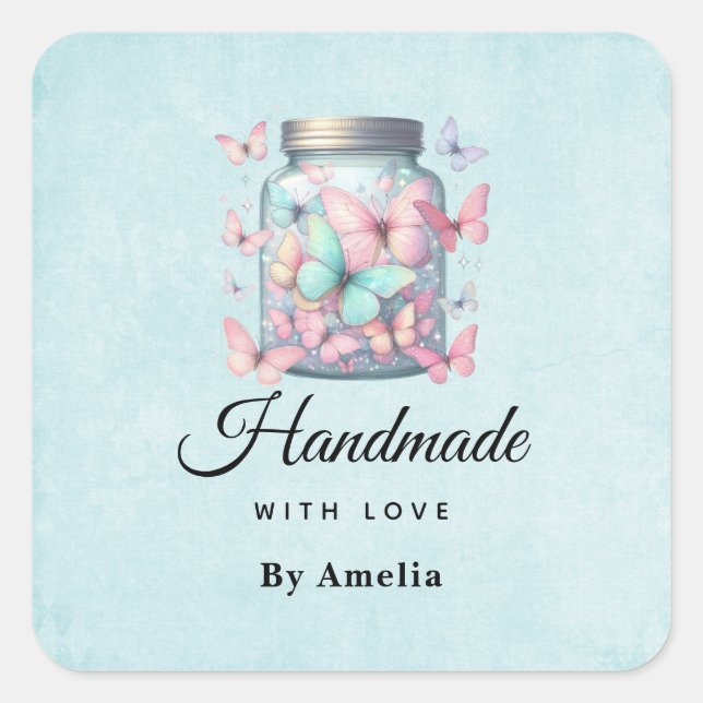 Handmade with Love Whimsical Butterflies in a Jar Quadratischer Aufkleber (Vorderseite)