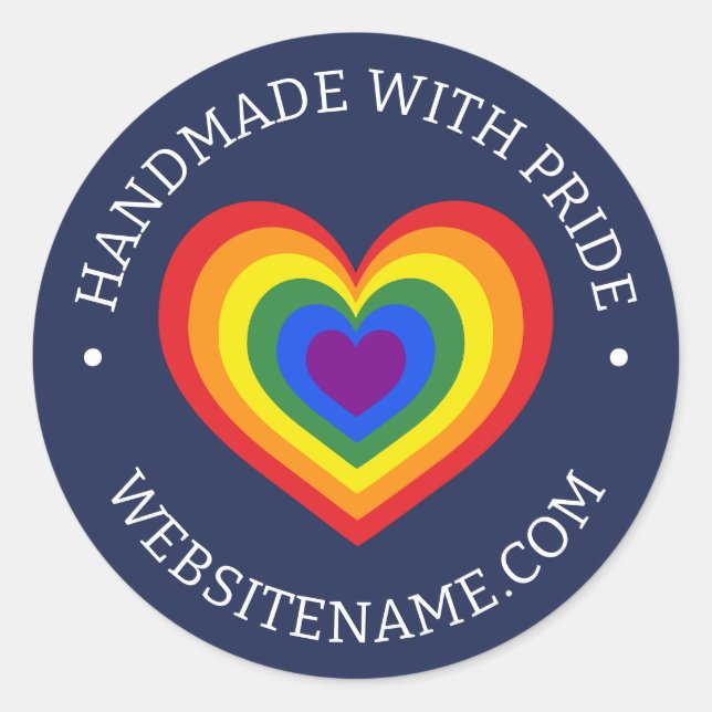 Handmade with Pride LGBTQ Rainbow Heart URL Navy Runder Aufkleber (Vorderseite)