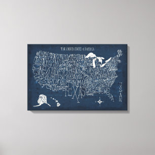 Handmit buchstaben gekennzeichnete Blau USA-Karte Leinwanddruck