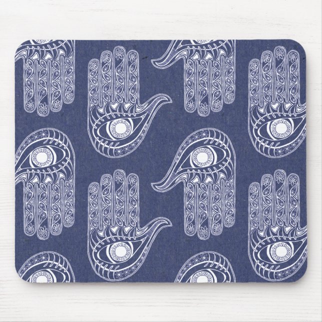 Handmuster Blau & Weiß Hamsa / Augenschutz Mousepad (Vorne)